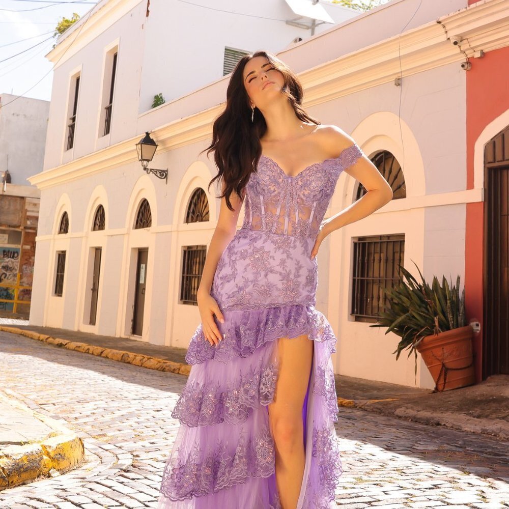 NEW LONG FORMAL OFF SHOULDER MAXI DRESS EMBROIDERED WITH GLITTER & LACE NX R1301